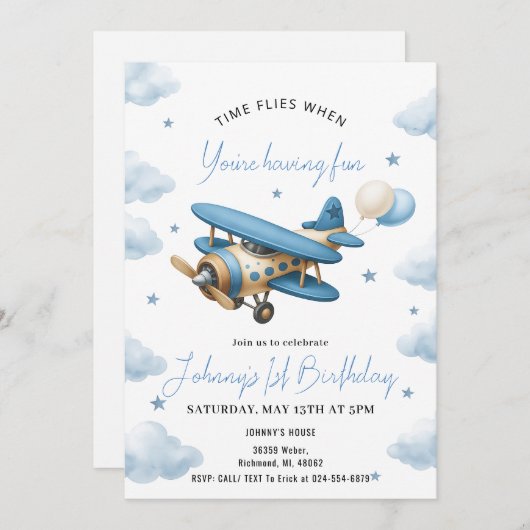 Personal Boy Vliegtuig 1e verjaardag Uitnodiging (Voorkant / Achterkant)