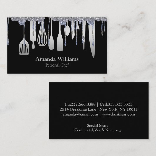 Personal Chef Catering Keuken Zilver keukengerei Visitekaartje (Voorkant / Achterkant)