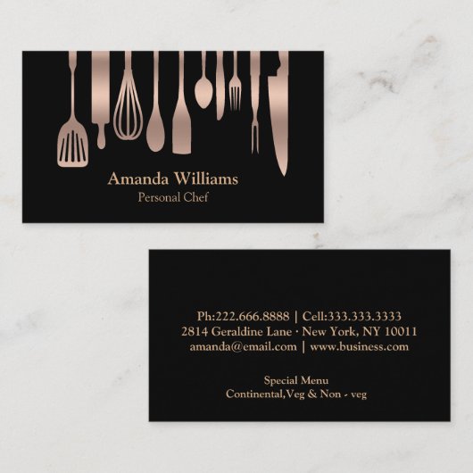 Personal Chef Catering Keuken Zilver keukengerei Visitekaartje (Voorkant / Achterkant)
