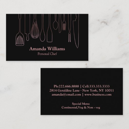 Personal Chef Catering Keuken Zilver keukengerei Visitekaartje (Voorkant / Achterkant)