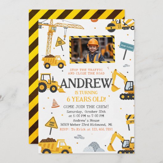 Personal Construction Birthday Party with Image Kaart (Voorkant / Achterkant)