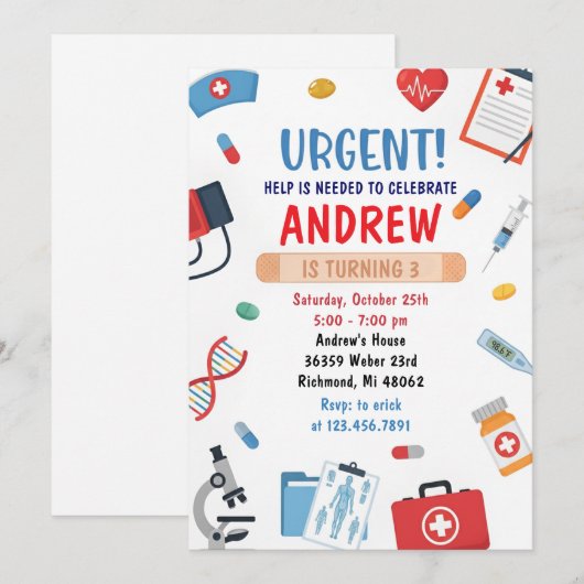 Personal Digital Kids Doctor Birthday Invitation Kaart (Voorkant / Achterkant)