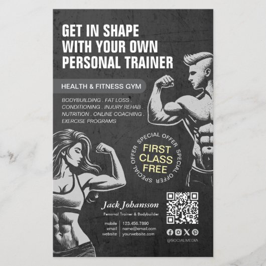 Personal Fitness Trainer Bodybuilding Gym Coach BW Flyer (Voorkant)