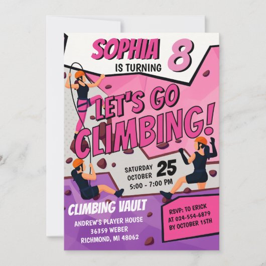 Personal Girls Rock Climbing Birthday Invitation Kaart (Voorkant)