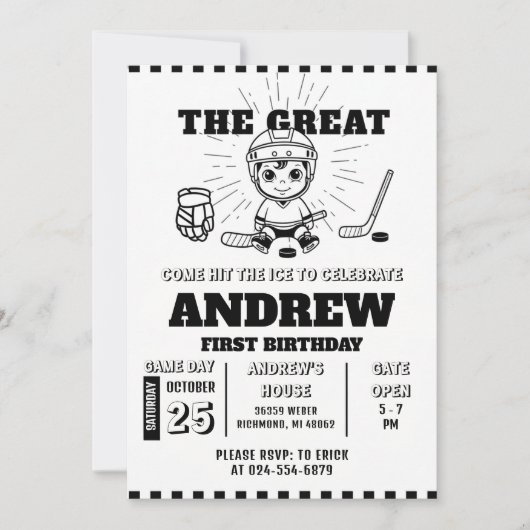 Personal Hockey Theme First Birthday Invitation Kaart (Voorkant)