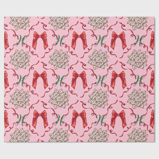 Personal Initial Pink Christmas Bow Wrapping Paper Cadeaupapier (Vlak)