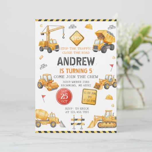 Personal Modern Construction Birthday Party Kaart (Staand voorkant)