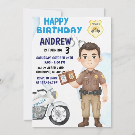 Personal Modern Cop Party birthday invitation Kaart (Voorkant)