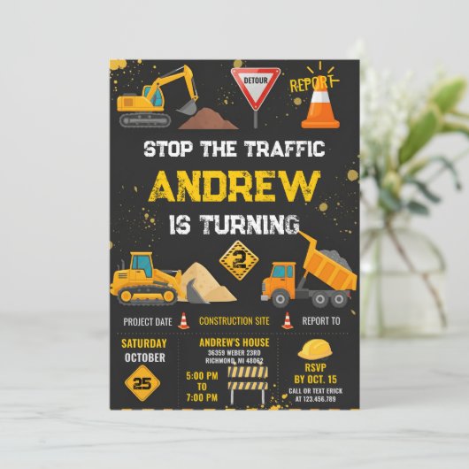 Personal Modern Kids' Construction Birthday Party Kaart (Staand voorkant)