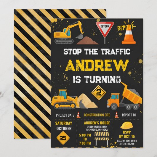 Personal Modern Kids' Construction Birthday Party Kaart (Voorkant / Achterkant)