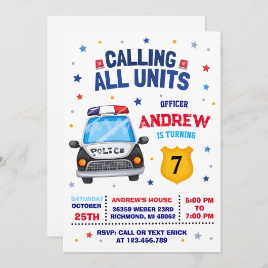 Personal Modern Kinderen Politie Verjaardagsuitnod Kaart (Voorkant / Achterkant)