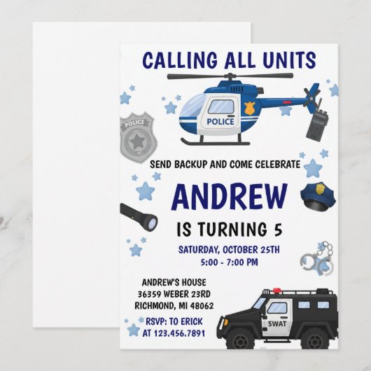 Personal Modern police birthday invitation Kaart (Voorkant / Achterkant)