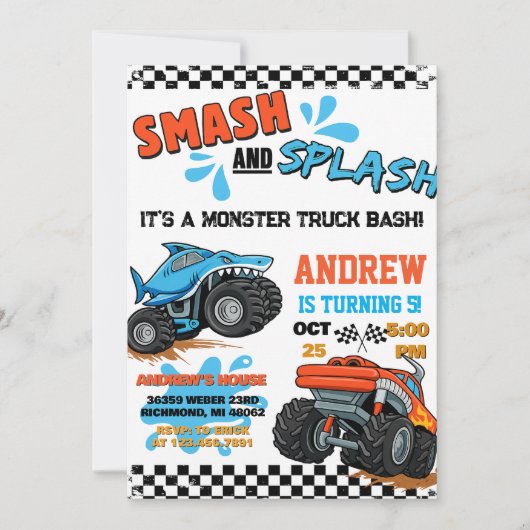Personal Monster Truck Boy Birthday Invitation Kaart (Voorkant)