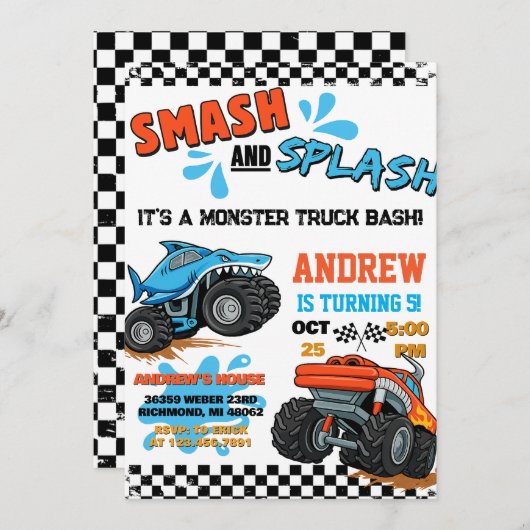 Personal Monster Truck Boy Birthday Invitation Kaart (Voorkant / Achterkant)