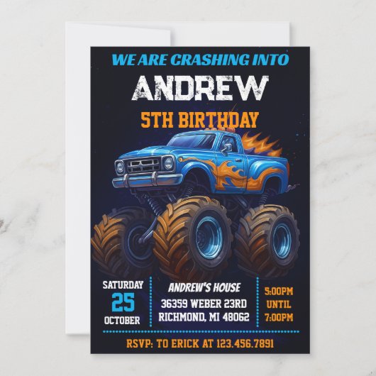 Personal Monster Truck Kids Party Birthday Kaart (Voorkant)