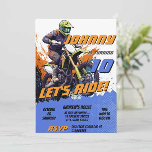 Personal Motocross Boy Motorbike Birthday Party Kaart (Staand voorkant)