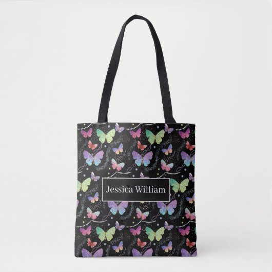 Personal Name Elegant Purple Bright Butterflies  Tote Bag (Voorkant)