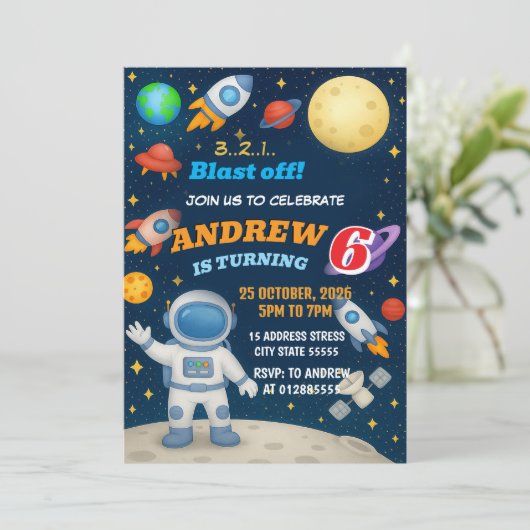 Personal Outer Boy Space Galaxy Blast Off birthday Kaart (Staand voorkant)