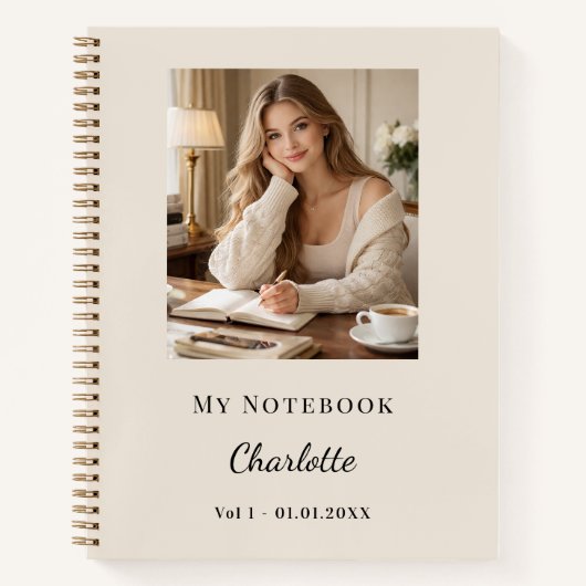 Personal Photo Champagne Beige Script Journal Notitieboek (Voorkant)