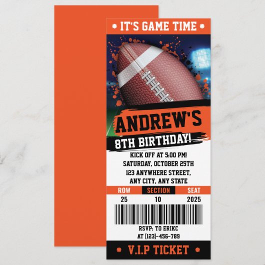 Personal Rugby Ticket verjaardagsfeestje Kinder Kaart (Voorkant / Achterkant)