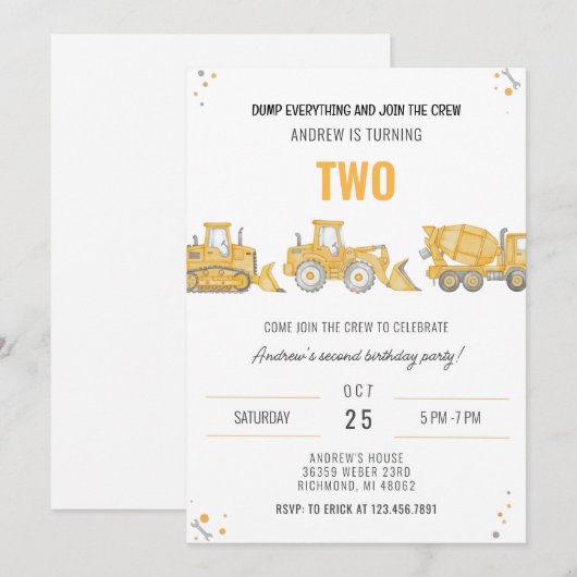 Personal Simple Construction Birthday Party Invita Kaart (Voorkant / Achterkant)