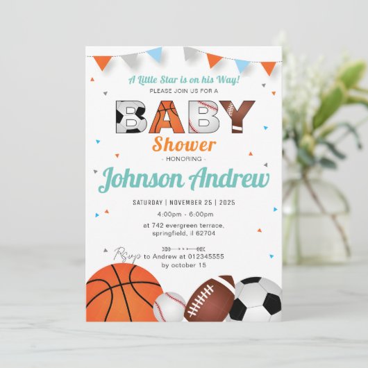 Personal Simple Sports All-Star Baby shower Wit Kaart (Staand voorkant)