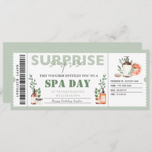 Personal Spa Day Gift Ticket Verjaardagsvoucher Kaart (Voorkant / Achterkant)