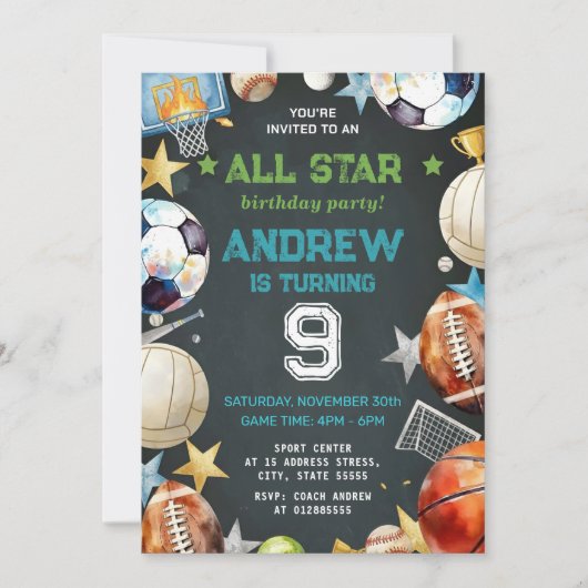 Personal Sports Birthday Printable Invitation Kaart (Voorkant)