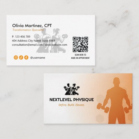 Personal Trainer Business | Orange White Visitekaartje (Voorkant / Achterkant)