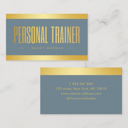 Personal Trainer Dusty Blue en Gold Visitekaartje (Voorkant / Achterkant)