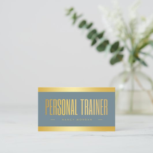 Personal Trainer Dusty Blue en Gold Visitekaartje (Staand voorkant)