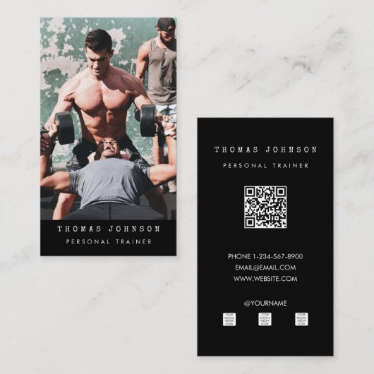 Personal Trainer Fitness Foto QR Code Zwart Visitekaartje (Voorkant / Achterkant)