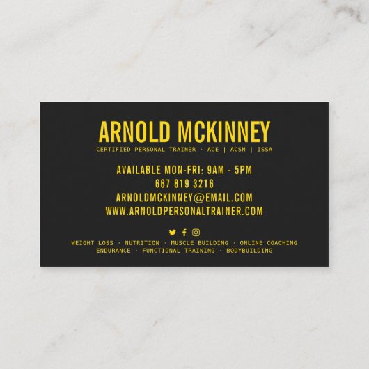 Personal trainer fitness zwart en geel modern visitekaartje (Achterkant)