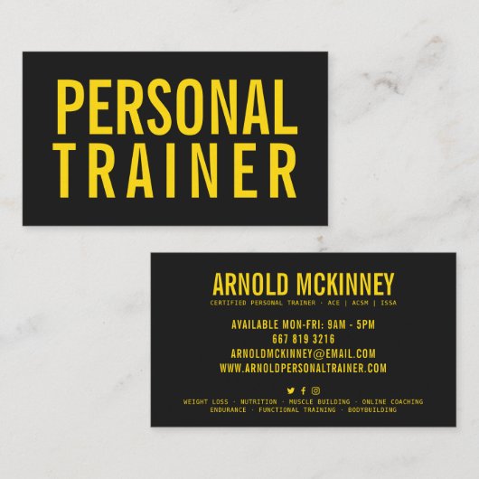 Personal trainer fitness zwart en geel modern visitekaartje (Voorkant / Achterkant)