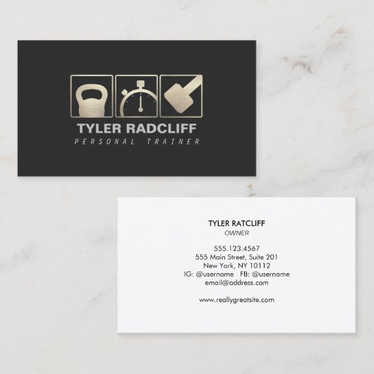 Personal Trainer Kettlebell, Dumbbell, Stopwatch Visitekaartje (Voorkant / Achterkant)
