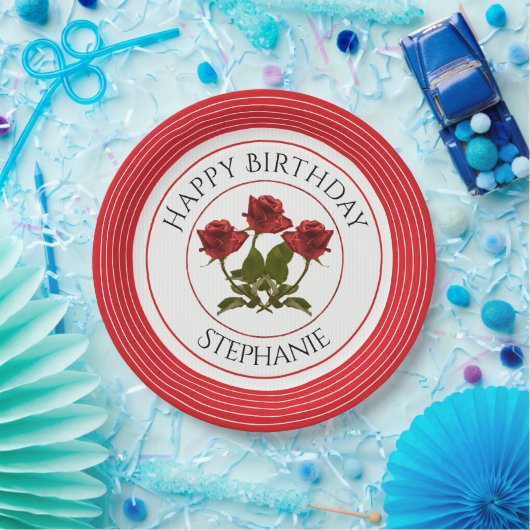 Personalisatie:  Birthday Red Rose Floral Photogra Papieren Bordje (Feest)