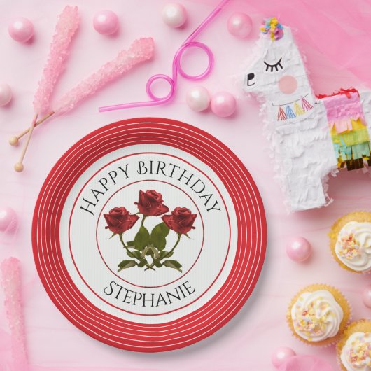 Personalisatie:  Birthday Red Rose Floral Photogra Papieren Bordje (Feest)