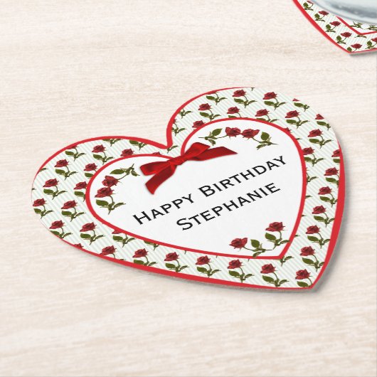 Personalisatie: Happy Birthday Red Roses Pattern Kartonnen Onderzetters (Gekanteld)