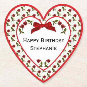 Personalisatie: Happy Birthday Red Roses Pattern Kartonnen Onderzetters