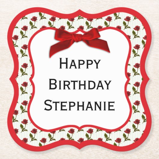 Personalisatie: Happy Birthday Red Roses Pattern Kartonnen Onderzetters (Voorkant)