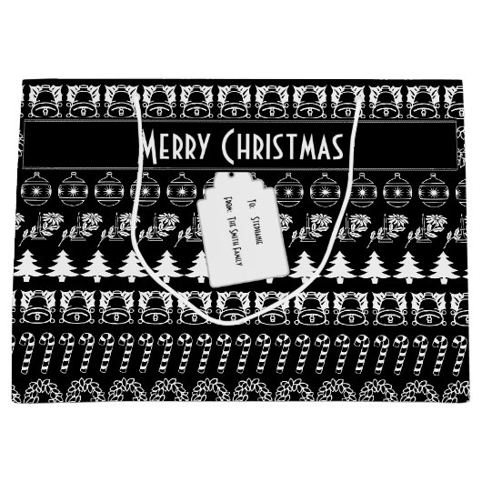 Personalisatie: Zwarte en witte kerststrepen Large Cadeautasje (Voorkant)