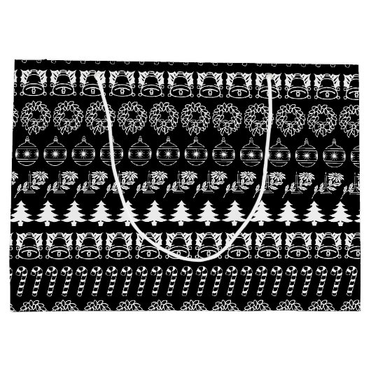 Personalisatie: Zwarte en witte kerststrepen Large Cadeautasje (Achterkant)