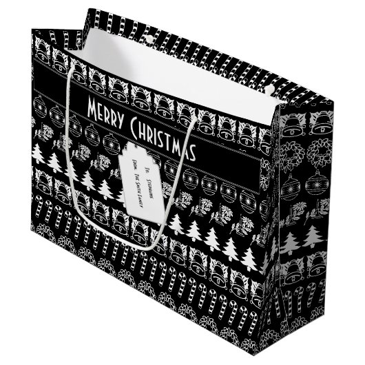 Personalisatie: Zwarte en witte kerststrepen Large Cadeautasje (Voorkant Gekanteld)