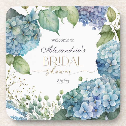 Personalise Bridal Shower Blue Hydrangeas Welcome Bier Onderzetter (Voorkant)
