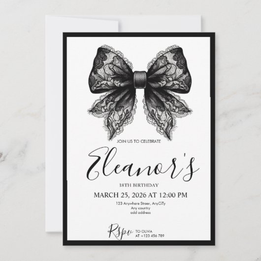 Personalised 18th Black Bow Birthday Invitation Kaart (Voorkant)