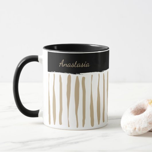 Personalised Black and Gold Artistic Stripes Mok (Met donut)