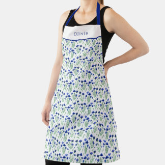 Personalised Blue Flowers Floral Pattern Apron. Schort