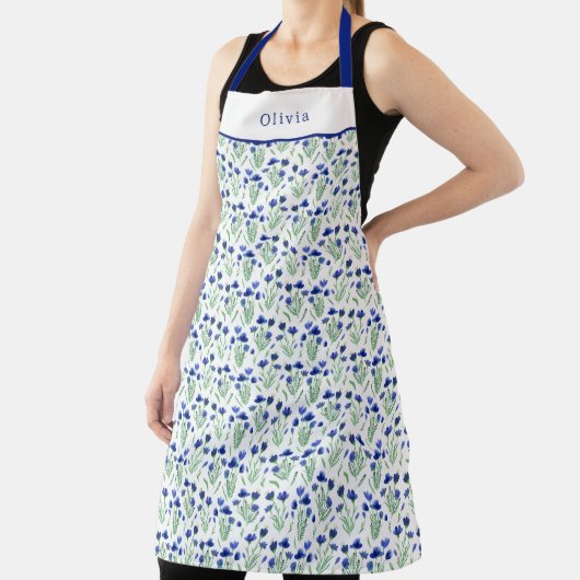 Personalised Blue Flowers Floral Pattern Apron. Schort (Insitu)