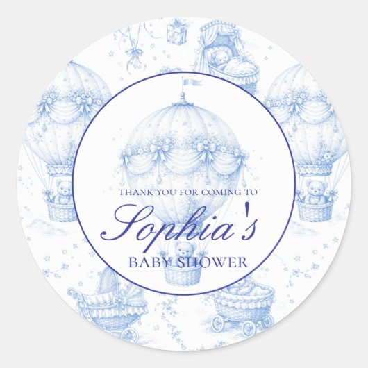 Personalised Blue Toile de Jouy Baby Shower Stick Ronde Sticker (Voorkant)
