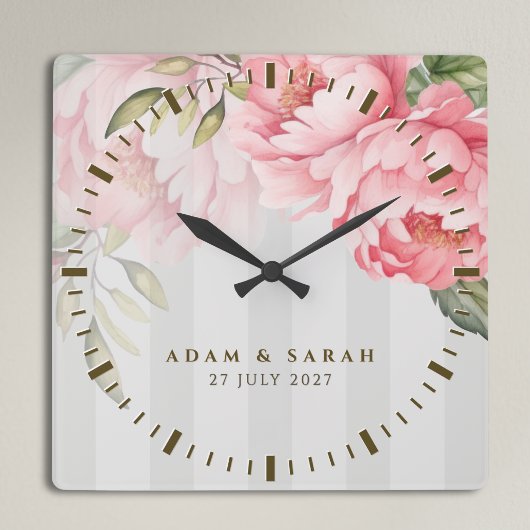 Personalised Blush Peony Wedding Gift for Couple Vierkante Klok